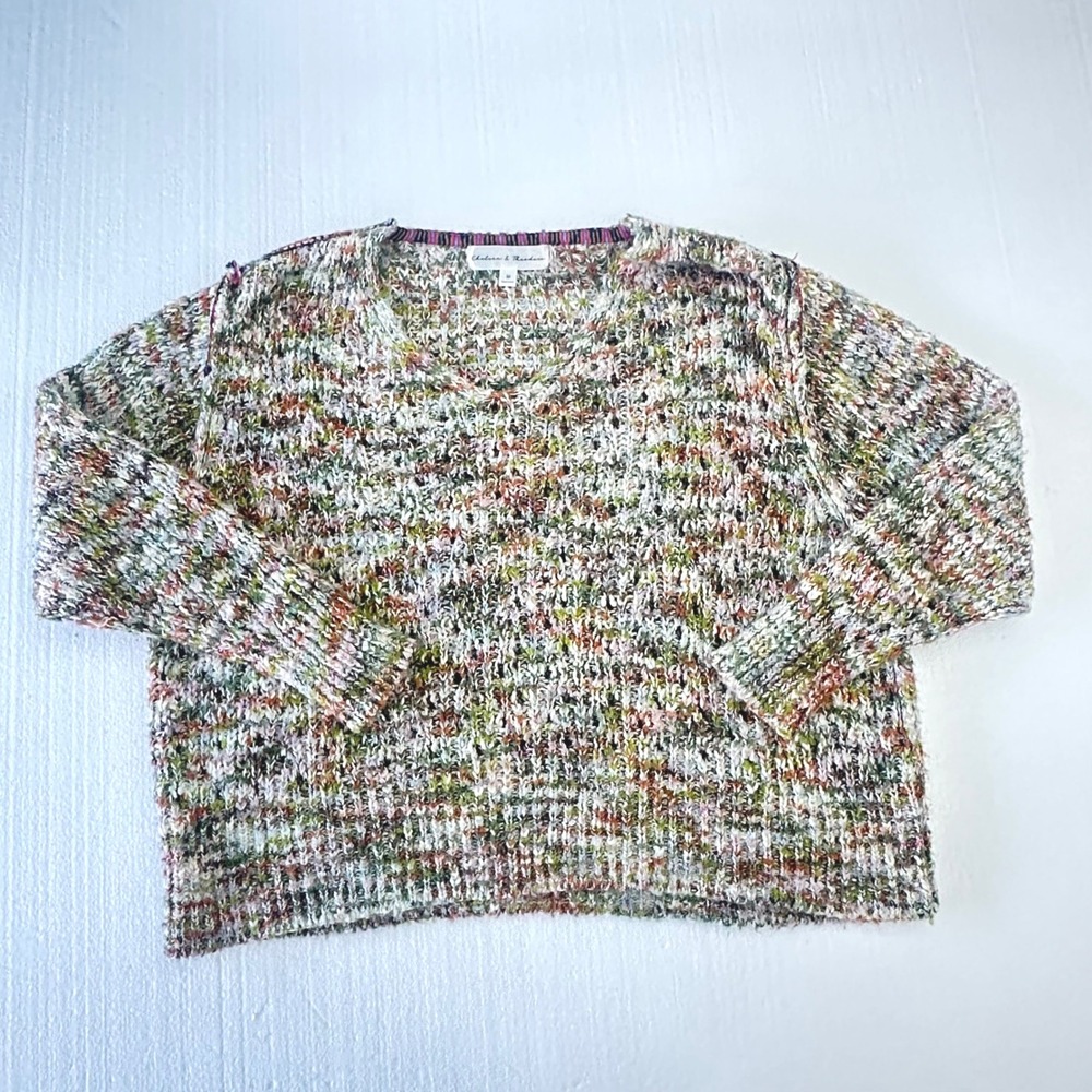 Chelsea & Theodore Knit Sweater Multicolor V Neck FIsherman Crochet Size M Fall